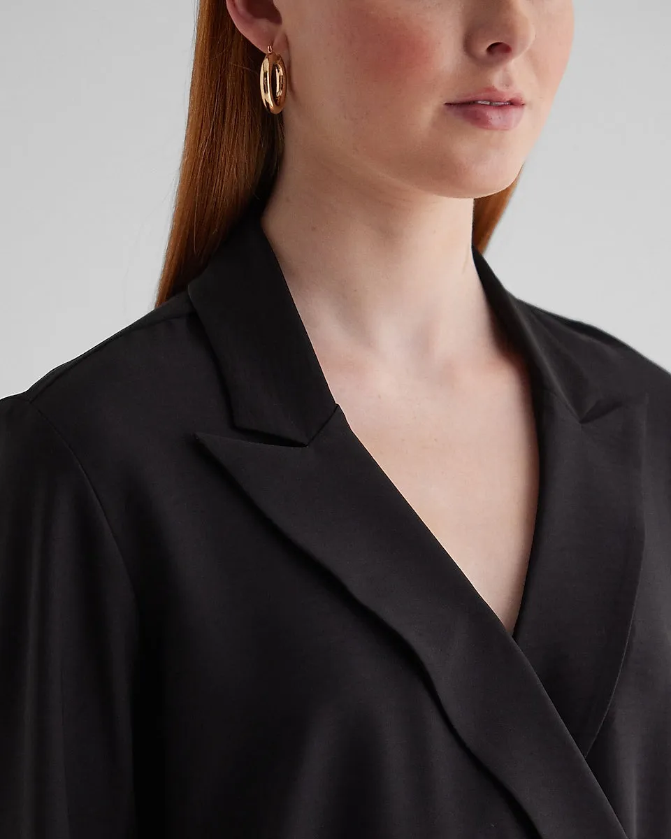 Collared V-Neck Long Sleeve Faux Wrap Front Top in Pitch Black