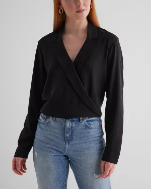 Collared V-Neck Long Sleeve Faux Wrap Front Top in Pitch Black