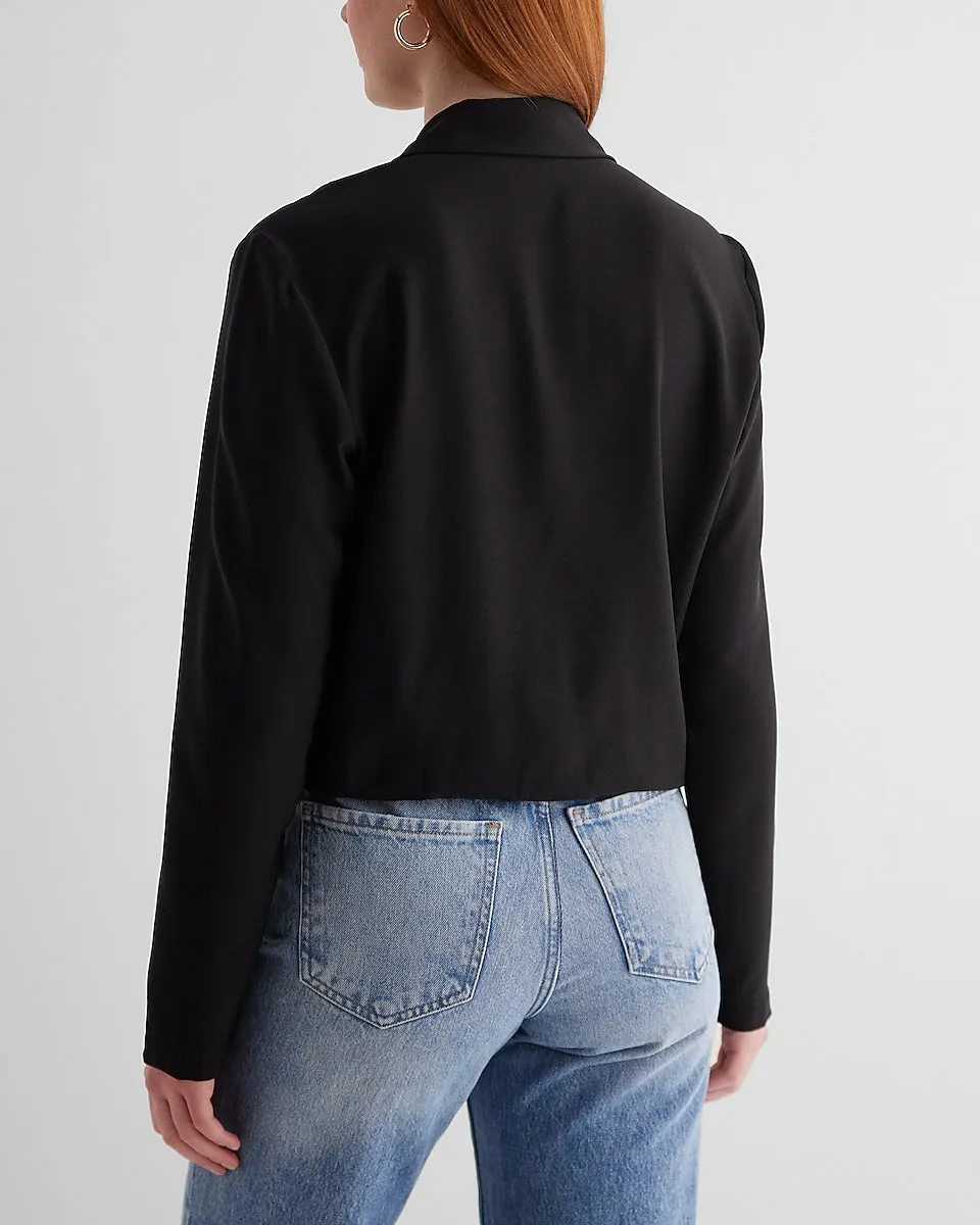 Collared V-Neck Long Sleeve Faux Wrap Front Top in Pitch Black