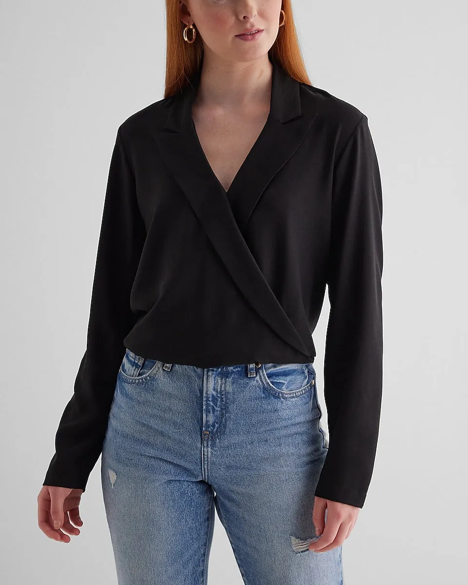 Collared V-Neck Long Sleeve Faux Wrap Front Top in Pitch Black