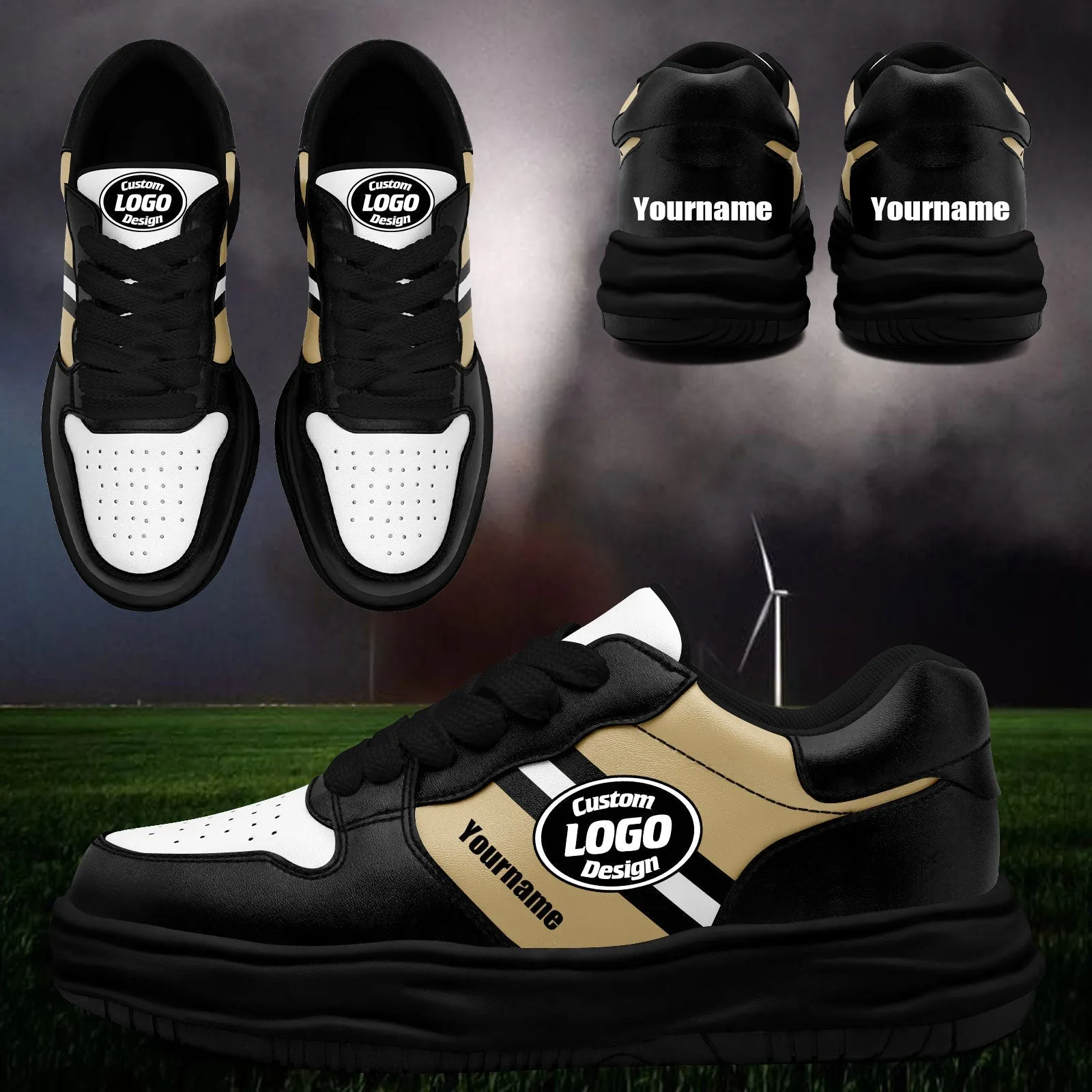 Corporate Gifts,Custom Black Gold New Orleans Shoes Personalized Sneaker FN032-D020389-19
