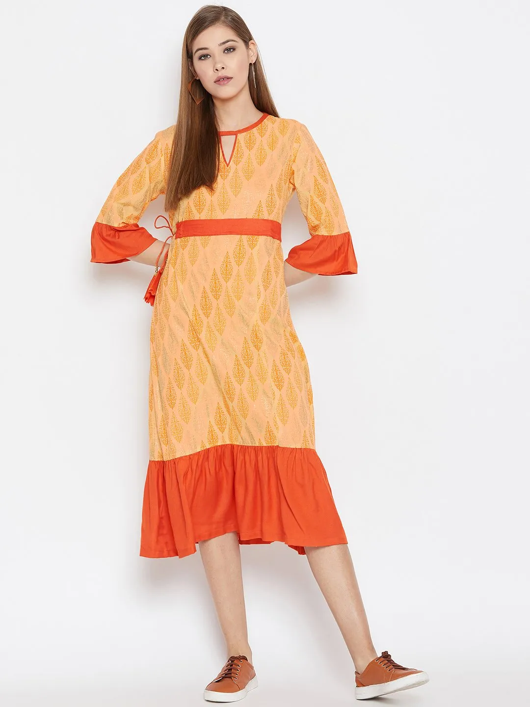 Cotton Printed Belted Ruffle Dress