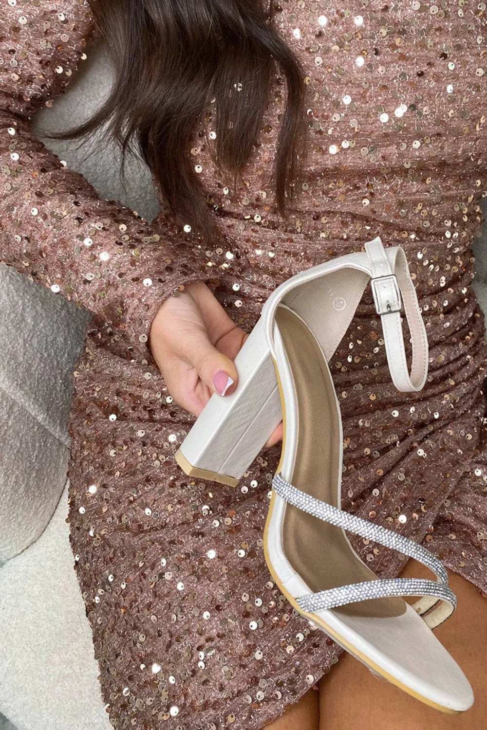 Cream Double Diamante Straps Block Heel Sandals