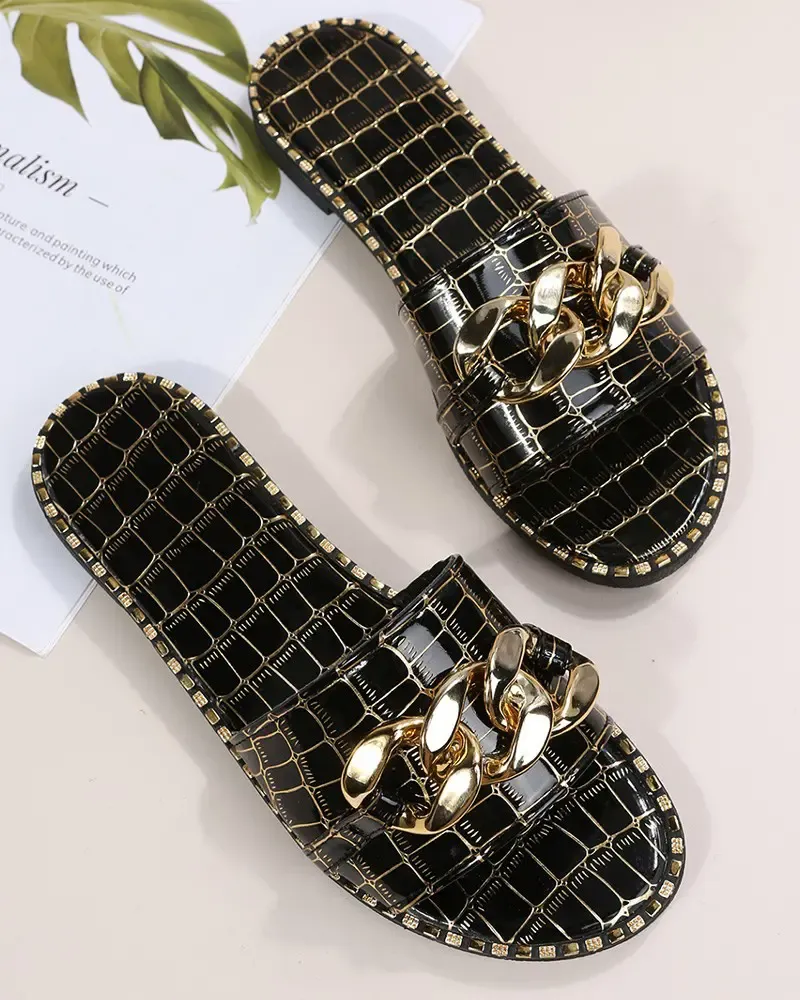 Crocodile Chain Wide Strap Slippers