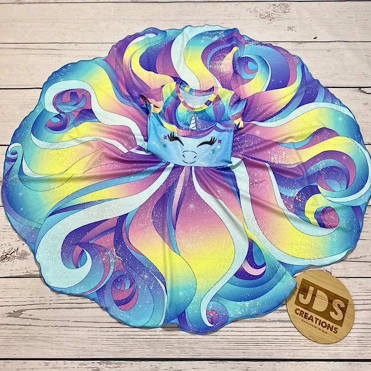 CUSTOM MADE Spandex full circle skater dress - Pastel Blue Unicorn