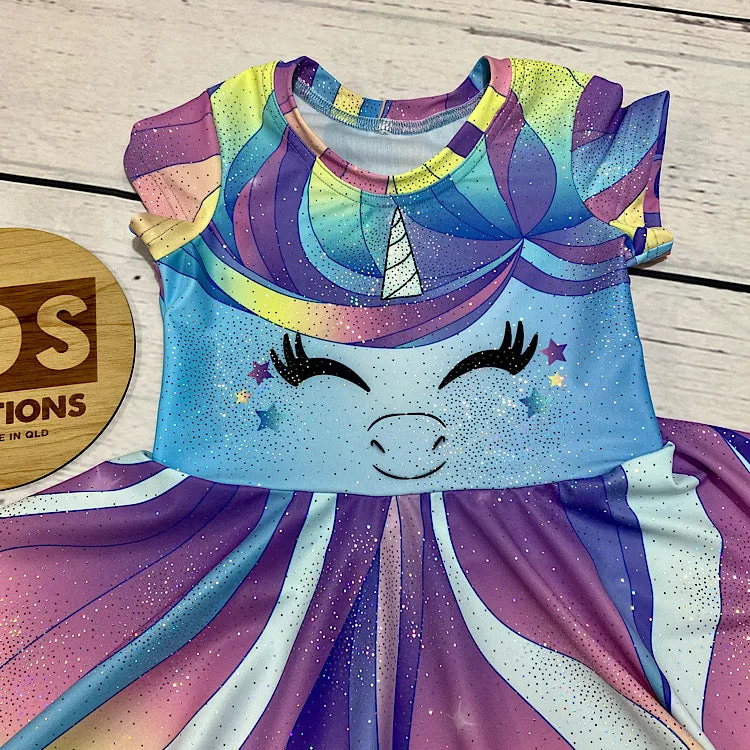 CUSTOM MADE Spandex full circle skater dress - Pastel Blue Unicorn
