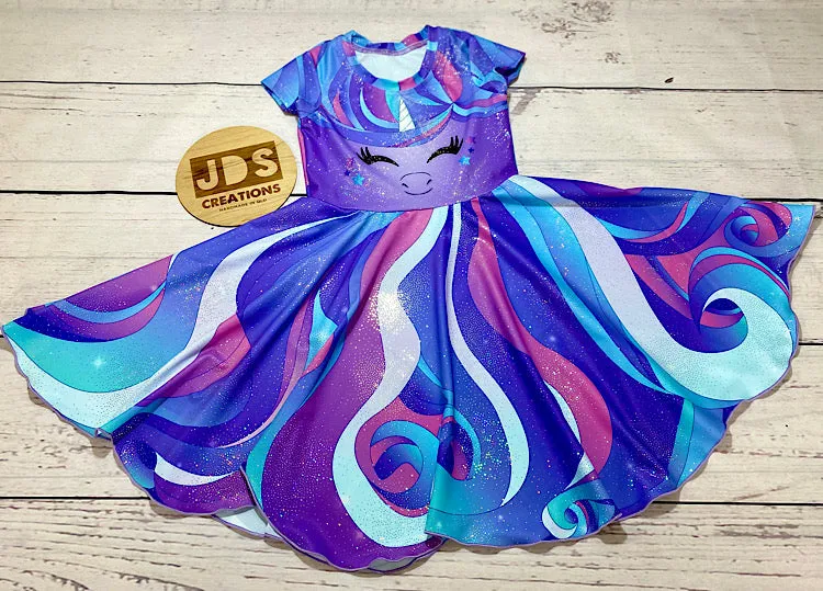 CUSTOM MADE Spandex full circle skater dress - Pastel Purple Unicorn