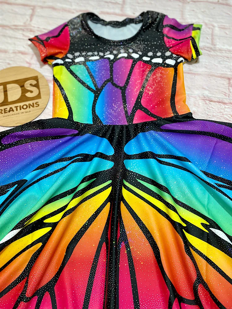 CUSTOM MADE Spandex full circle skater dress - Rainbow Butterfly
