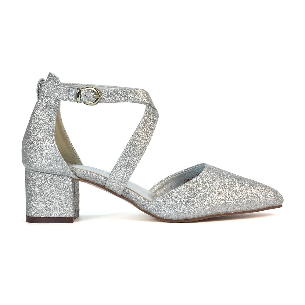 Cynthia Pointed Toe Ankle Strap Mid Block Heels Court Shoes in Ivory Satin