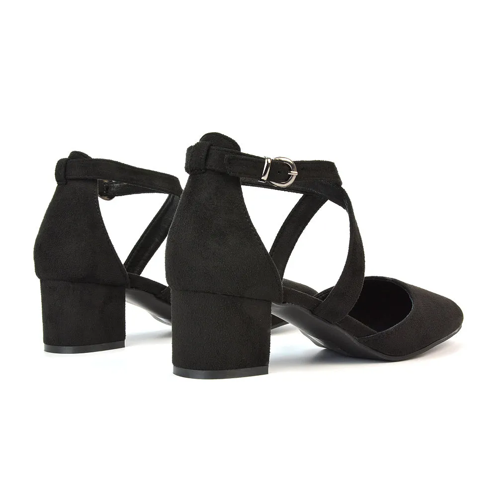 Cynthia Pointed Toe Ankle Strap Mid Block Heels Court Shoes in Ivory Satin