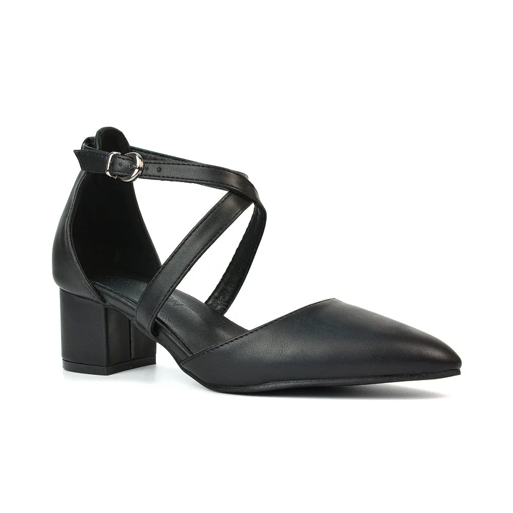 Cynthia Pointed Toe Ankle Strap Mid Block Heels Court Shoes in Ivory Satin