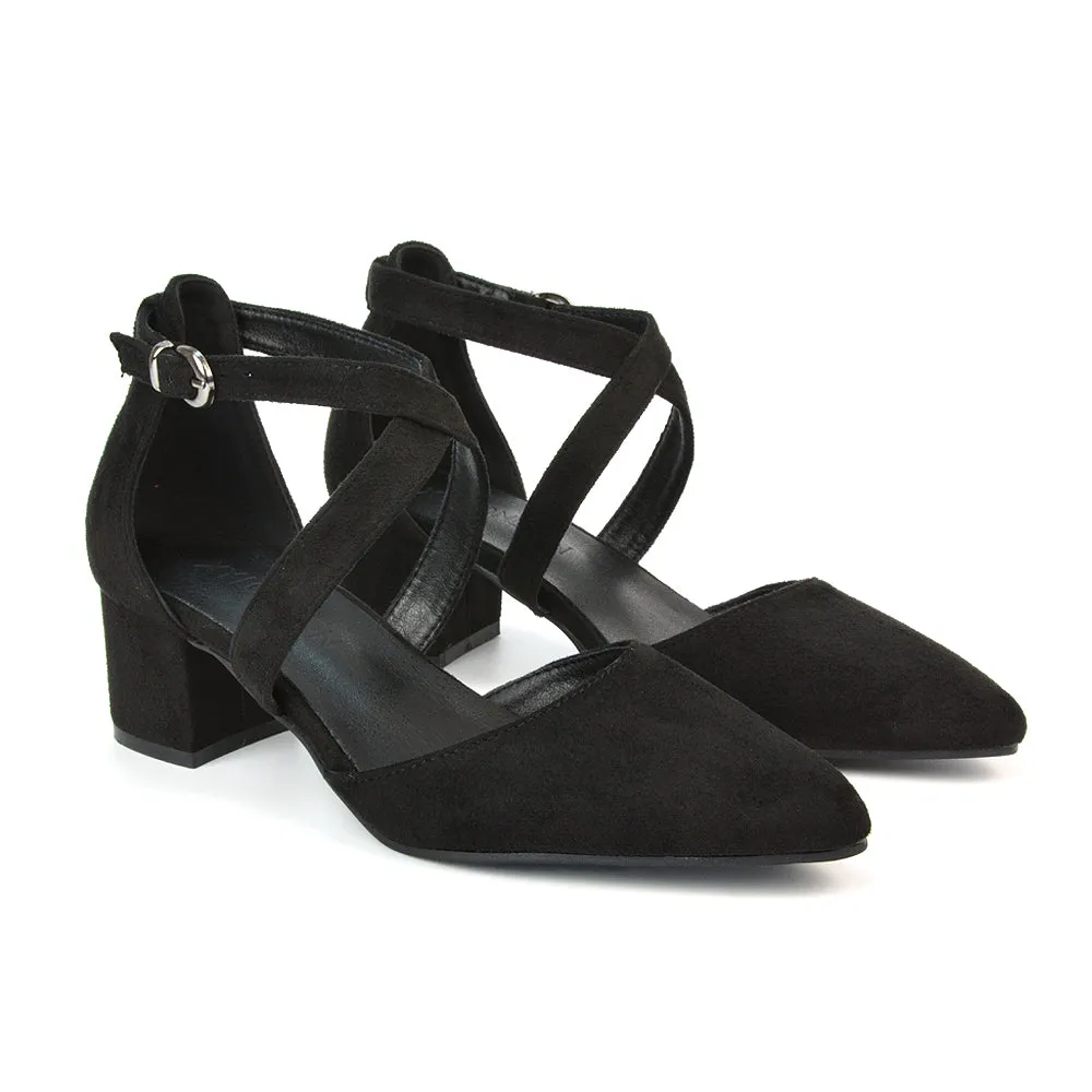 Cynthia Pointed Toe Ankle Strap Mid Block Heels Court Shoes in Ivory Satin