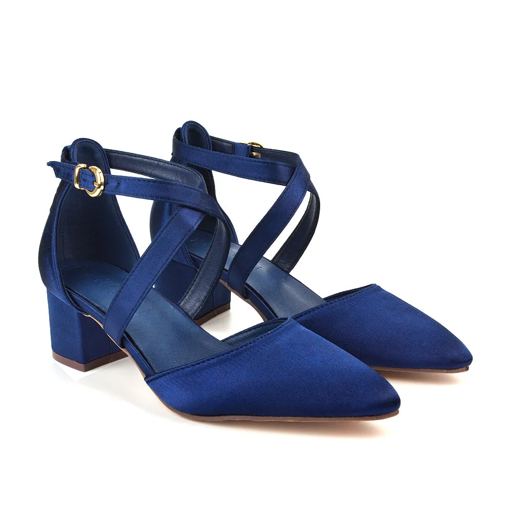 Cynthia Pointed Toe Ankle Strap Mid Block Heels Court Shoes in Ivory Satin