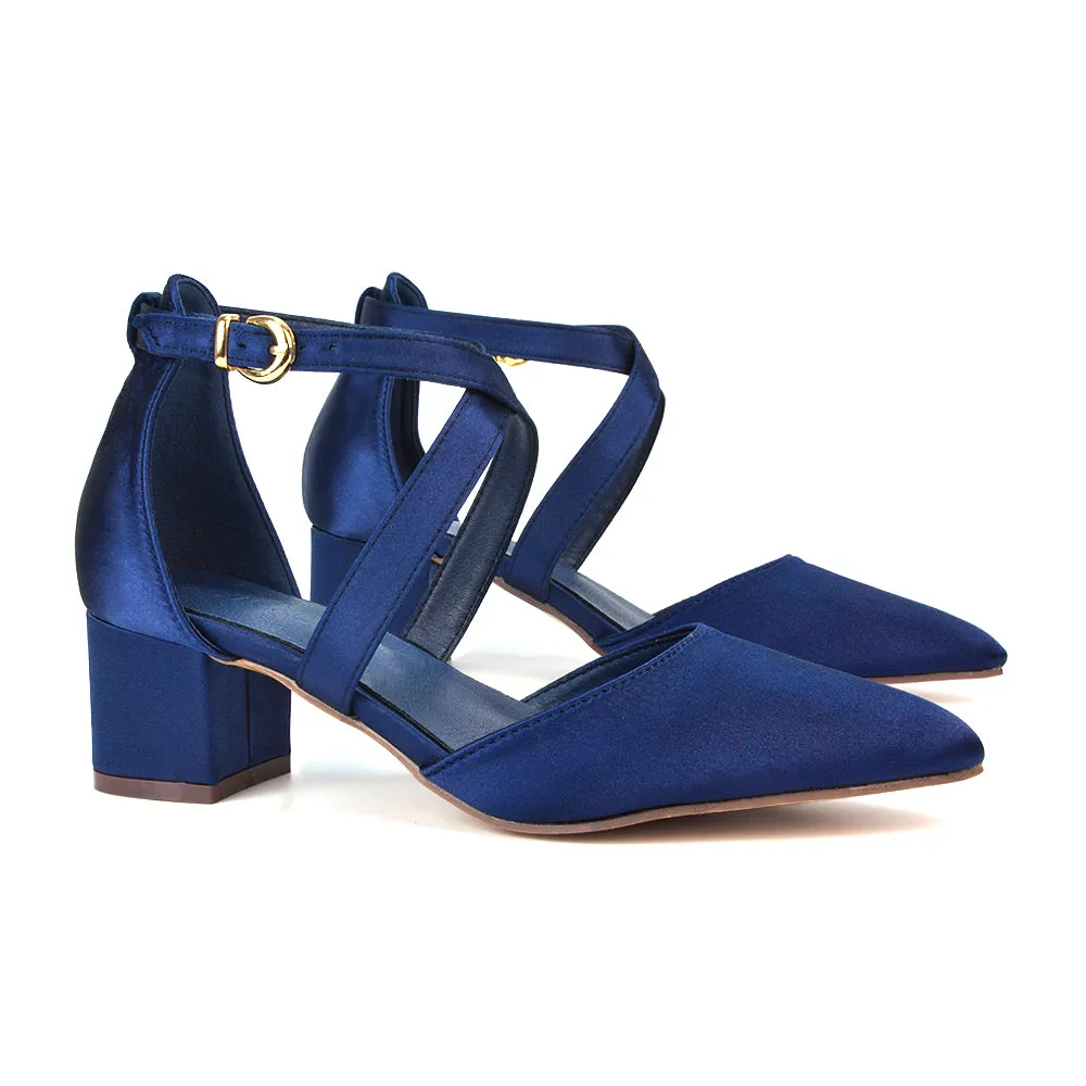 Cynthia Pointed Toe Ankle Strap Mid Block Heels Court Shoes in Ivory Satin