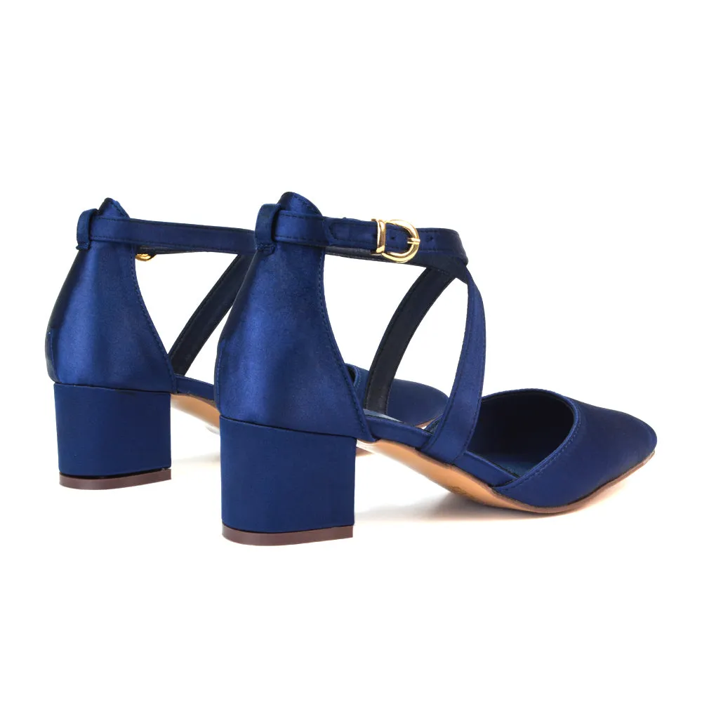 Cynthia Pointed Toe Ankle Strap Mid Block Heels Court Shoes in Ivory Satin
