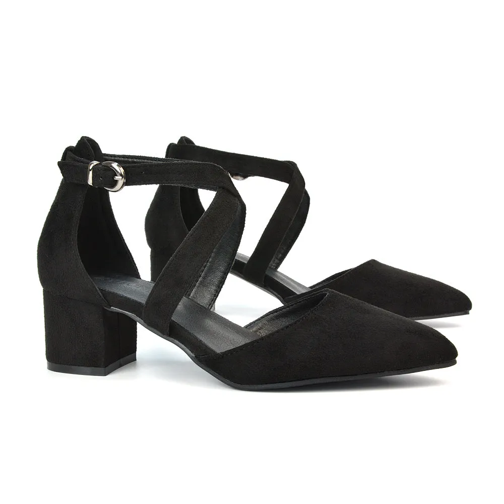 Cynthia Pointed Toe Ankle Strap Mid Block Heels Court Shoes in Ivory Satin