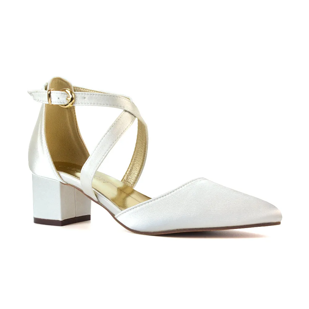 Cynthia Pointed Toe Ankle Strap Mid Block Heels Court Shoes in Ivory Satin