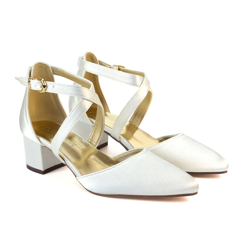 Cynthia Pointed Toe Ankle Strap Mid Block Heels Court Shoes in Ivory Satin