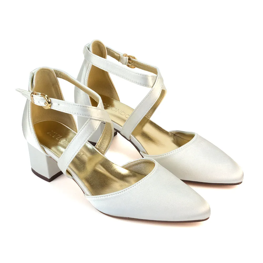Cynthia Pointed Toe Ankle Strap Mid Block Heels Court Shoes in Ivory Satin