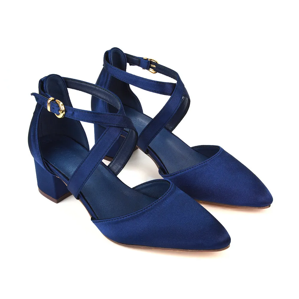 Cynthia Pointed Toe Ankle Strap Mid Block Heels Court Shoes in Ivory Satin