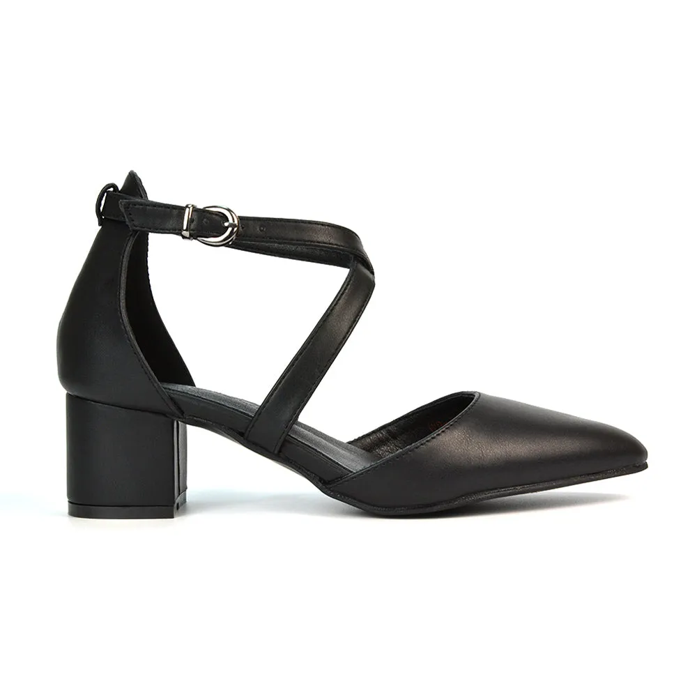 Cynthia Pointed Toe Ankle Strap Mid Block Heels Court Shoes in Ivory Satin