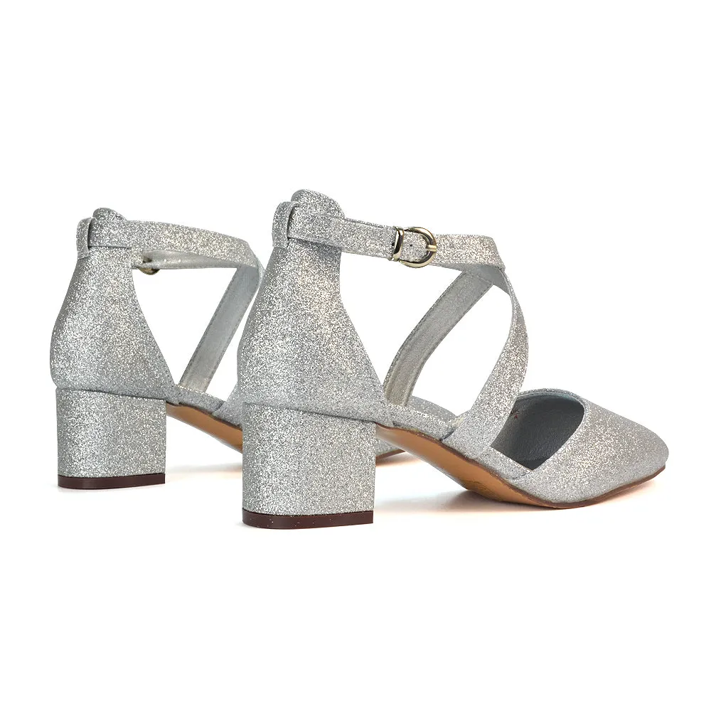 Cynthia Pointed Toe Ankle Strap Mid Block Heels Court Shoes in Ivory Satin