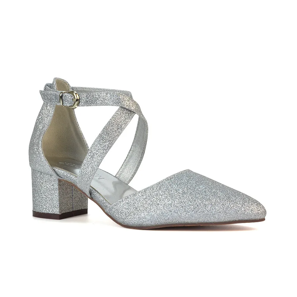 Cynthia Pointed Toe Ankle Strap Mid Block Heels Court Shoes in Ivory Satin