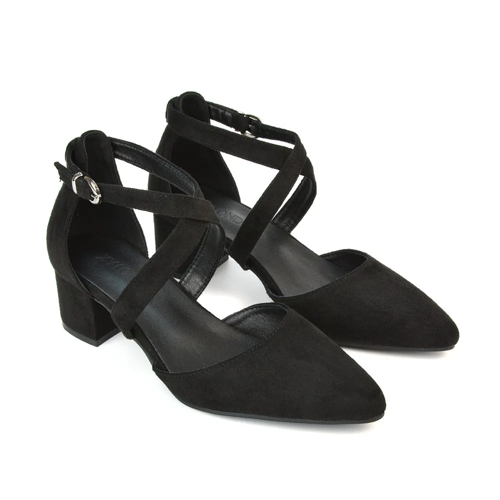 Cynthia Pointed Toe Ankle Strap Mid Block Heels Court Shoes in Ivory Satin