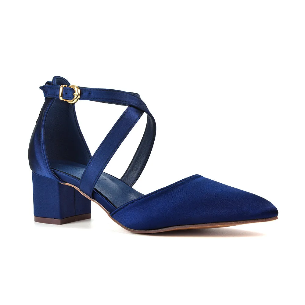Cynthia Pointed Toe Ankle Strap Mid Block Heels Court Shoes in Ivory Satin