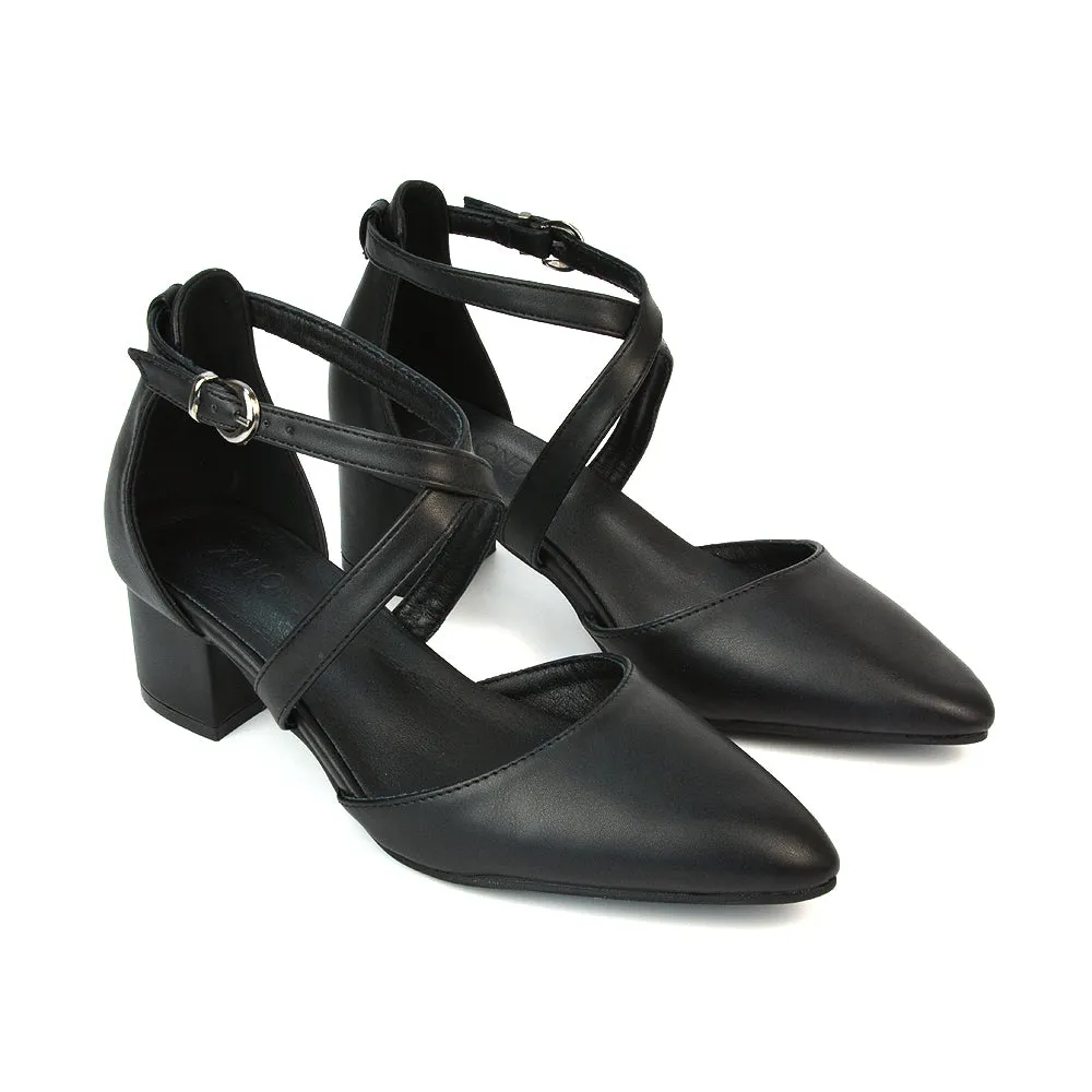 Cynthia Pointed Toe Ankle Strap Mid Block Heels Court Shoes in Ivory Satin