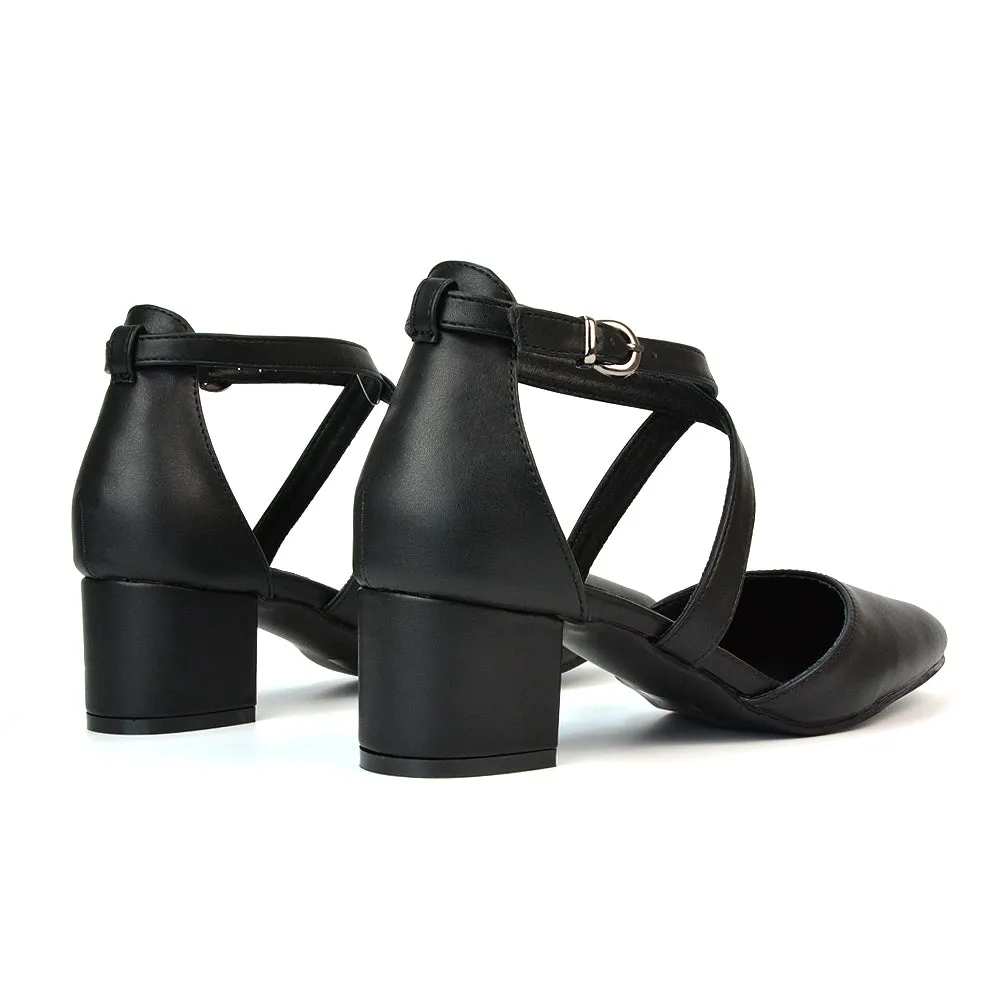 Cynthia Pointed Toe Ankle Strap Mid Block Heels Court Shoes in Ivory Satin