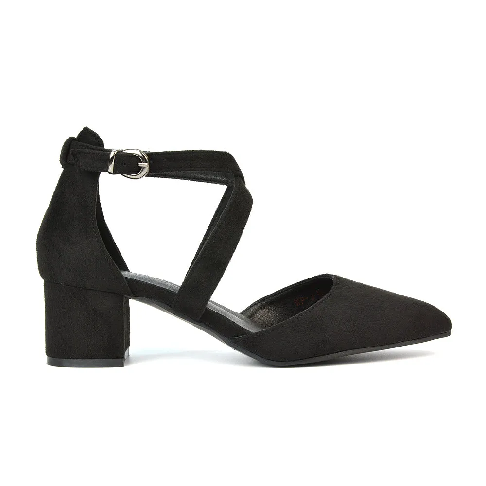 Cynthia Pointed Toe Ankle Strap Mid Block Heels Court Shoes in Ivory Satin
