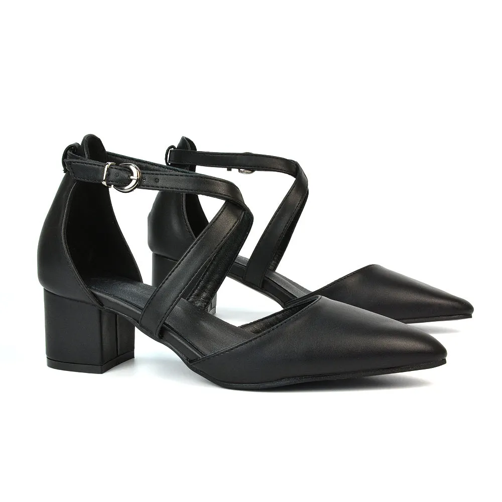 Cynthia Pointed Toe Ankle Strap Mid Block Heels Court Shoes in Ivory Satin