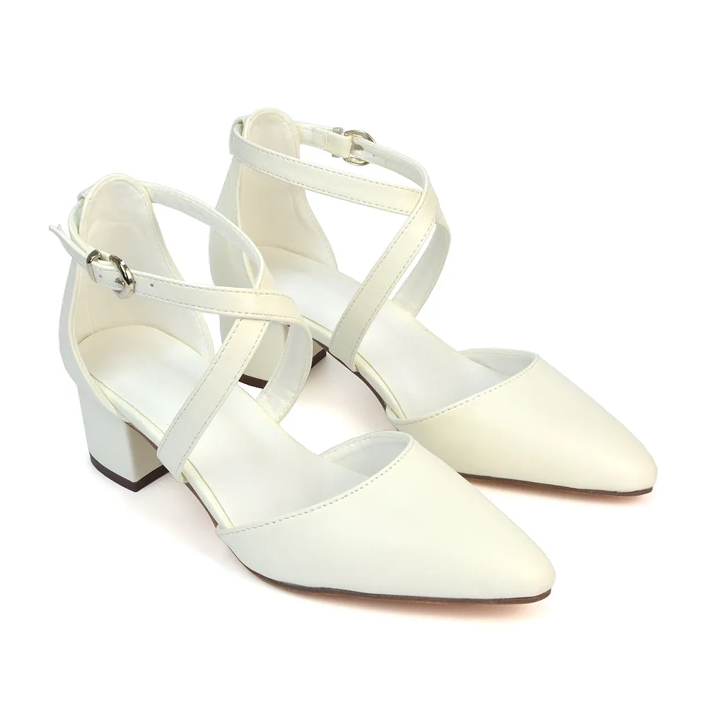 Cynthia Pointed Toe Ankle Strap Mid Block Heels Court Shoes in Ivory Satin