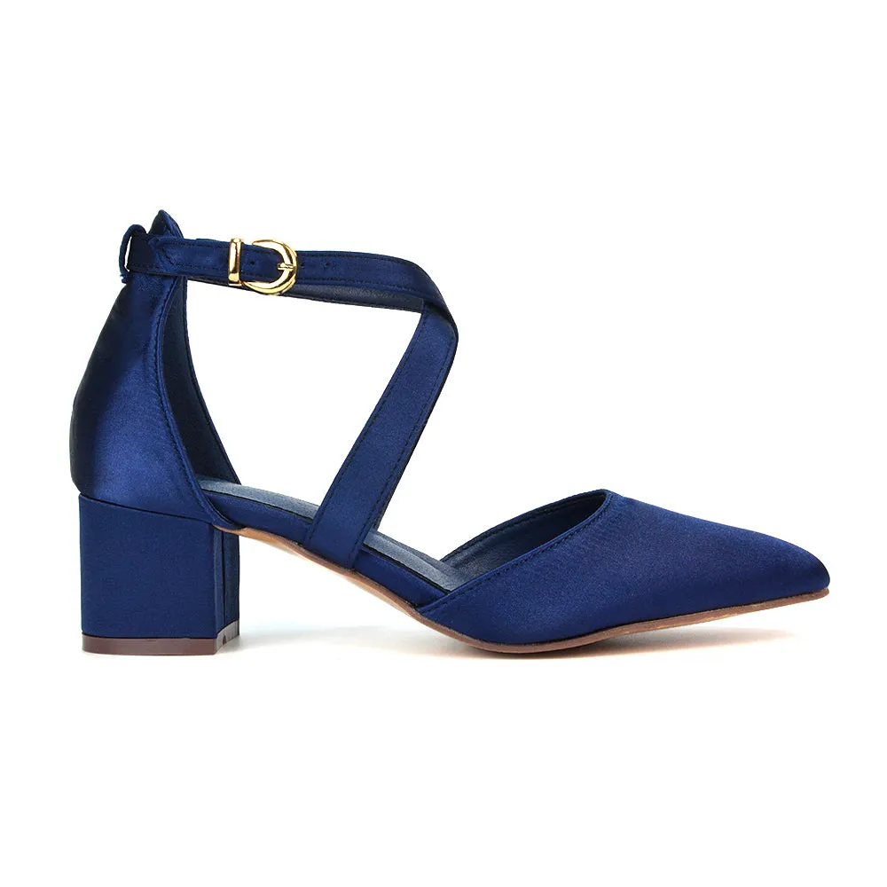 Cynthia Pointed Toe Ankle Strap Mid Block Heels Court Shoes in Ivory Satin