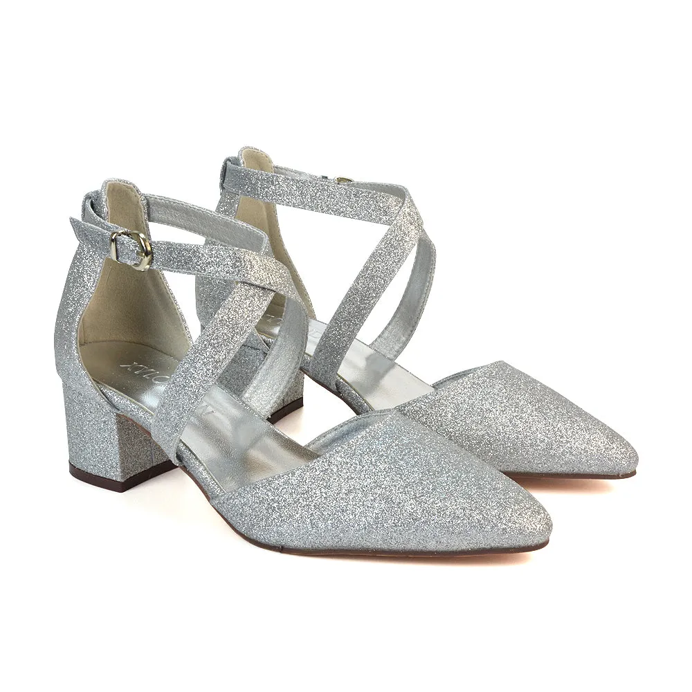 Cynthia Pointed Toe Ankle Strap Mid Block Heels Court Shoes in Ivory Satin