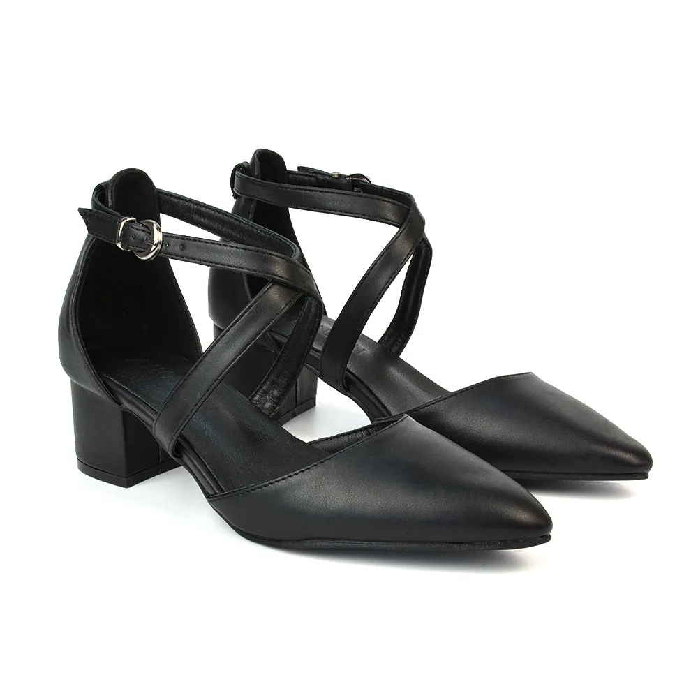 Cynthia Pointed Toe Ankle Strap Mid Block Heels Court Shoes in Ivory Satin