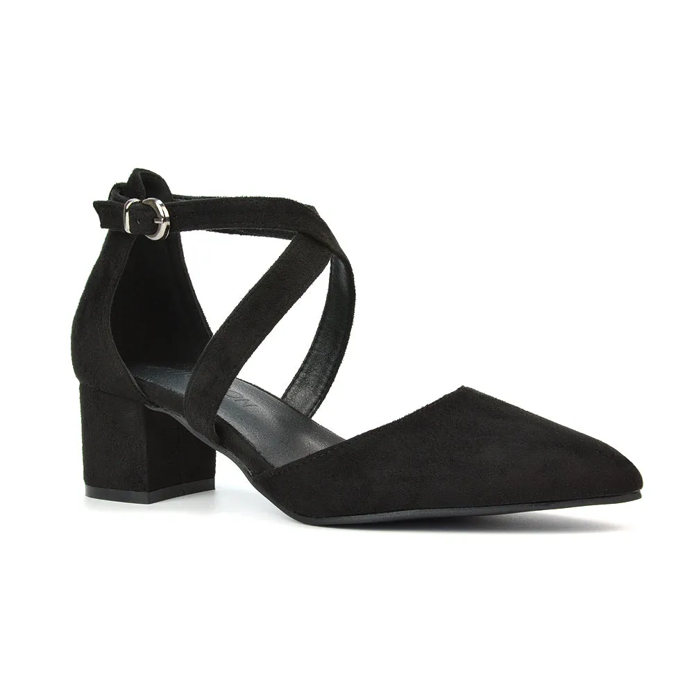 Cynthia Pointed Toe Ankle Strap Mid Block Heels Court Shoes in Ivory Satin