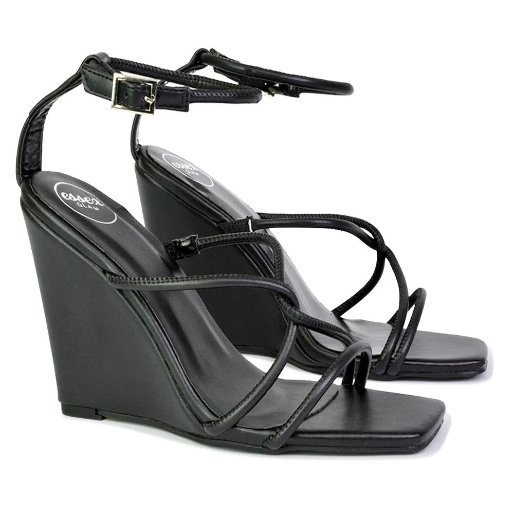 Danica Strappy Cross Over Square Toe Wedge High Heel Summer Sandals in White