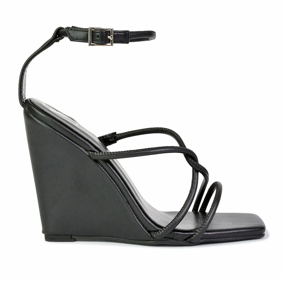 Danica Strappy Cross Over Square Toe Wedge High Heel Summer Sandals in White