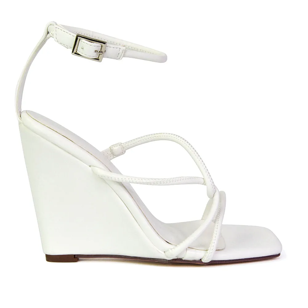 Danica Strappy Cross Over Square Toe Wedge High Heel Summer Sandals in White