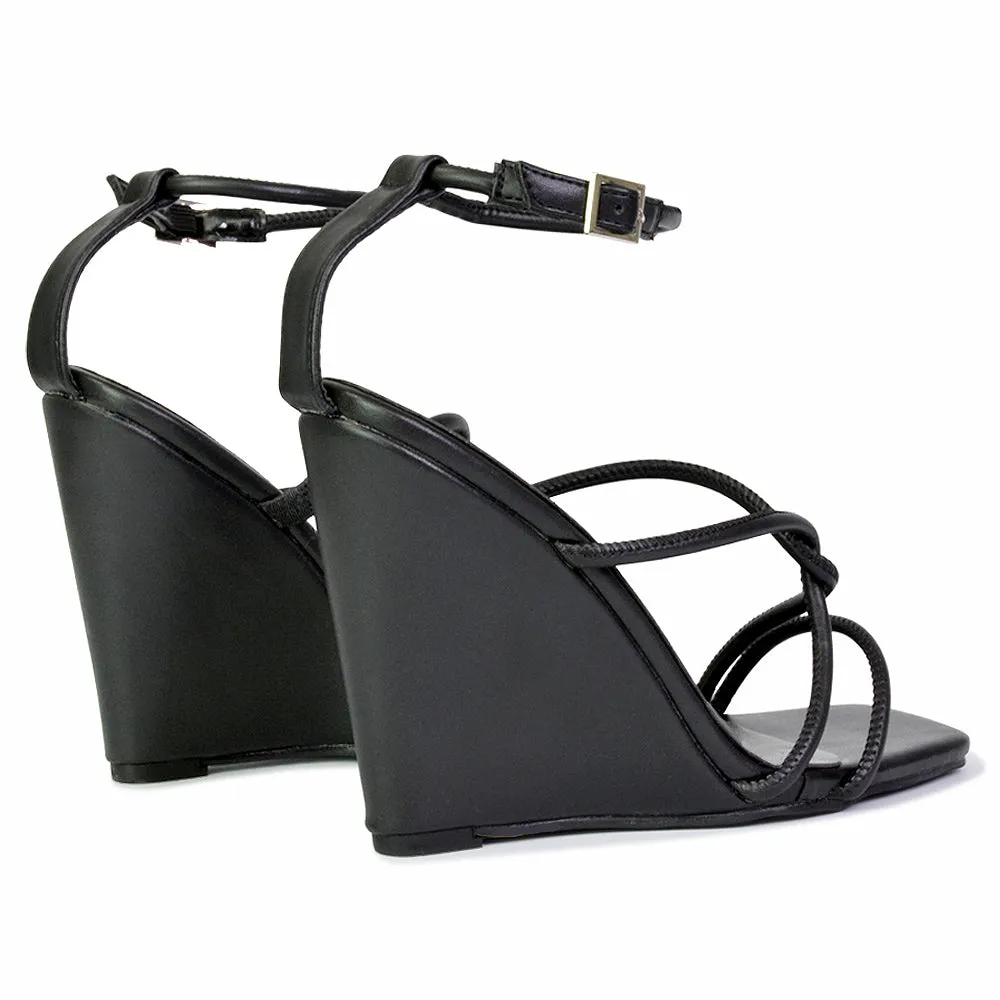 Danica Strappy Cross Over Square Toe Wedge High Heel Summer Sandals in White