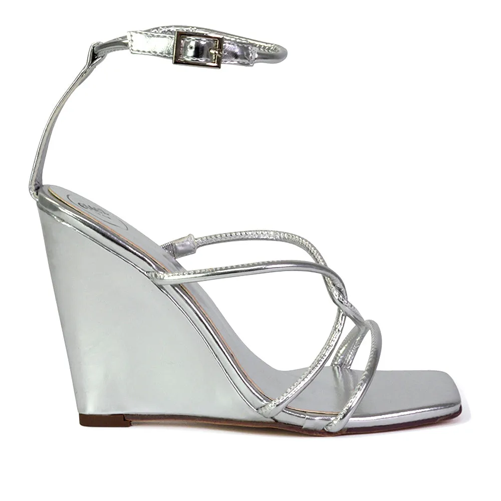 Danica Strappy Cross Over Square Toe Wedge High Heel Summer Sandals in White