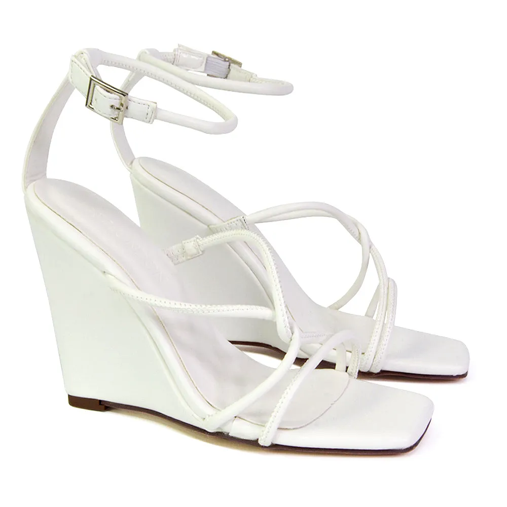 Danica Strappy Cross Over Square Toe Wedge High Heel Summer Sandals in White