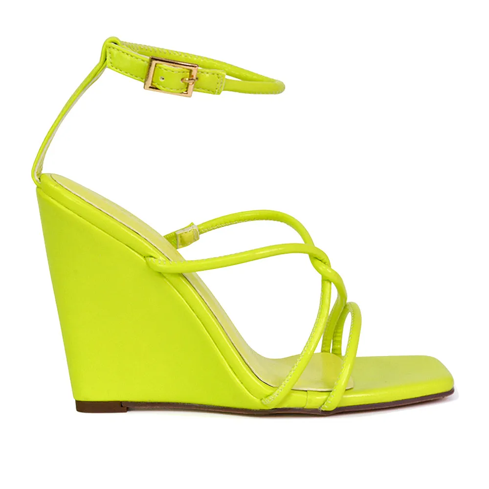 Danica Strappy Cross Over Square Toe Wedge High Heel Summer Sandals in White