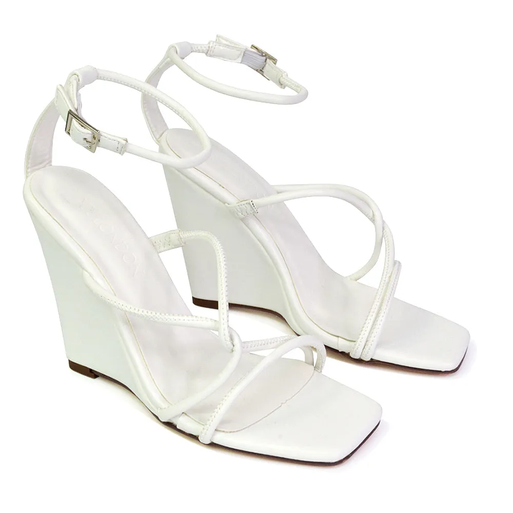 Danica Strappy Cross Over Square Toe Wedge High Heel Summer Sandals in White