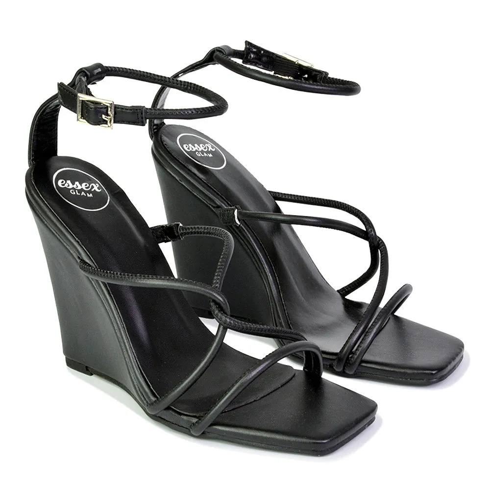 Danica Strappy Cross Over Square Toe Wedge High Heel Summer Sandals in White
