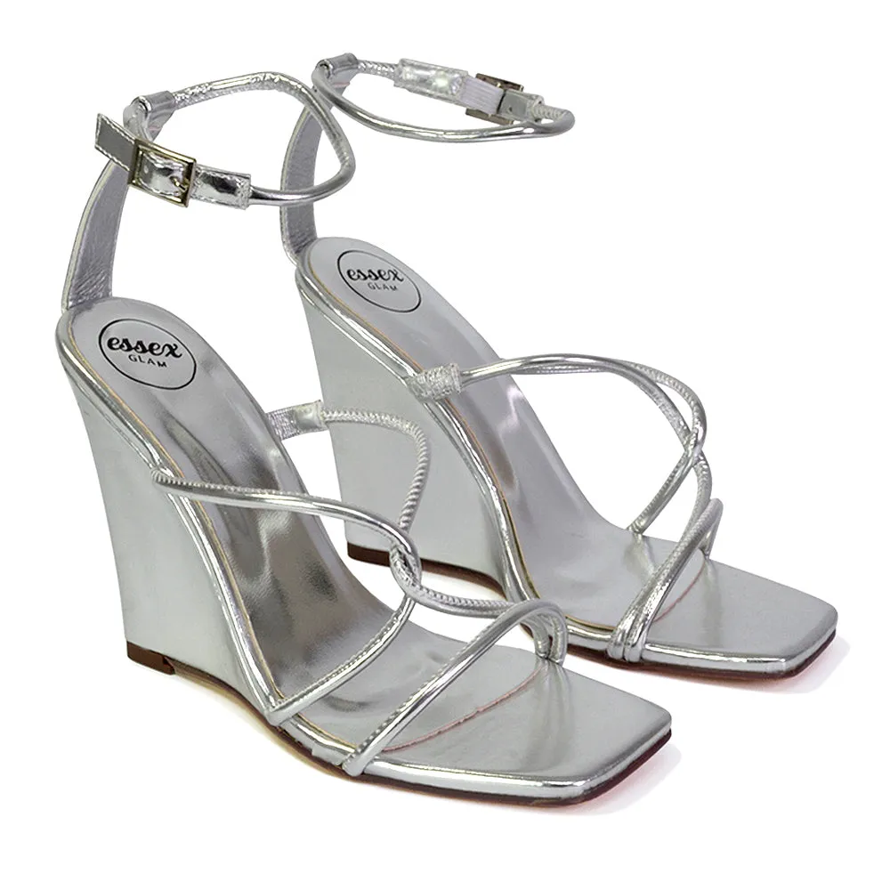 Danica Strappy Cross Over Square Toe Wedge High Heel Summer Sandals in White