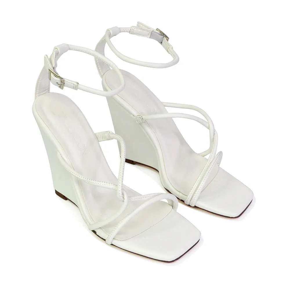 Danica Strappy Cross Over Square Toe Wedge High Heel Summer Sandals in White