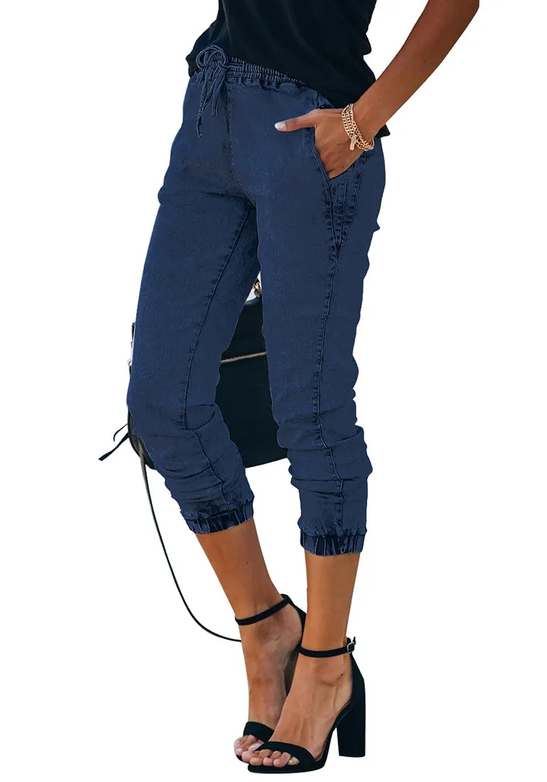 Deep Blue Elastic-Waist Welt Pockets Denim Jogger Pants